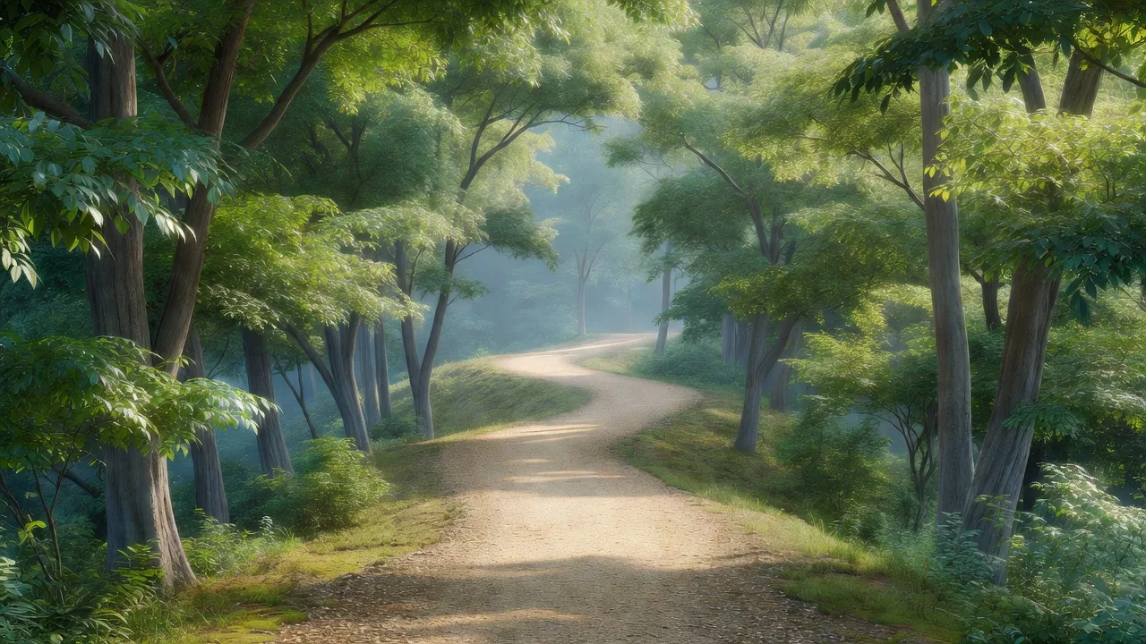 夏、緑濃い稜線の道